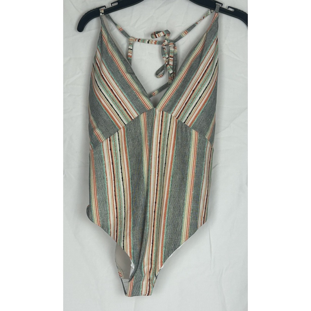 Lucky Brand Striped Halter One Piece Swimsuit Boho Multicolor V-Neck Tie Large